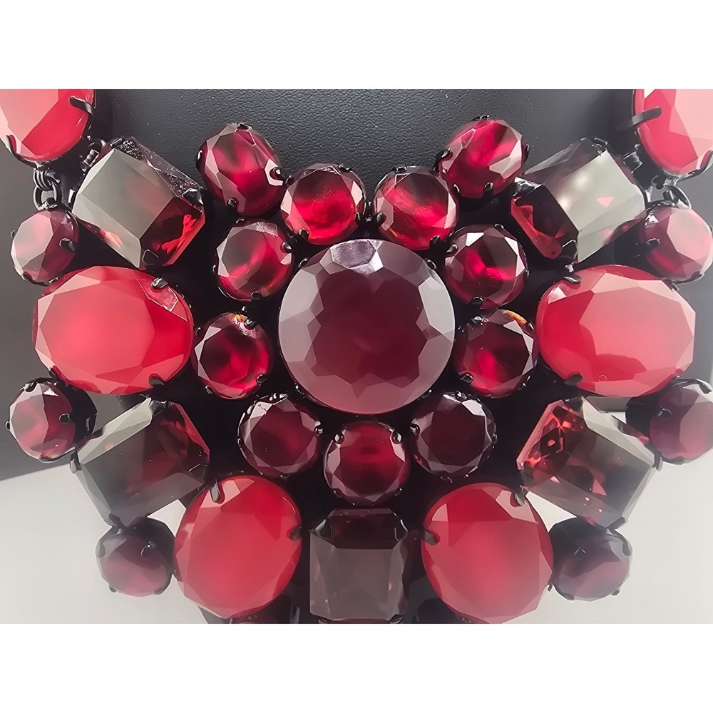 Estate Bib Necklace Red Black Chunky Faceted Statement Cluster 19in